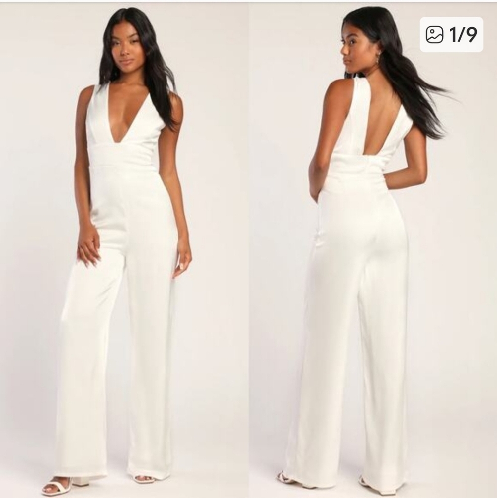 Lulus Ultimate Allure Ivory Satin Wide Leg Sleevless Plung V-Neck Jumpsuit